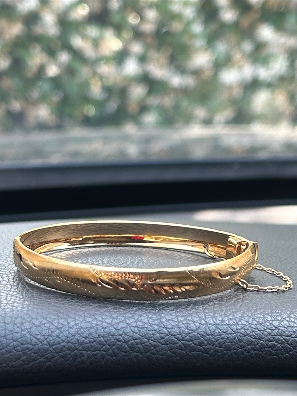 Classic 14K Gold Plated Engraved Hinged Bangle Bracelet 7.25”